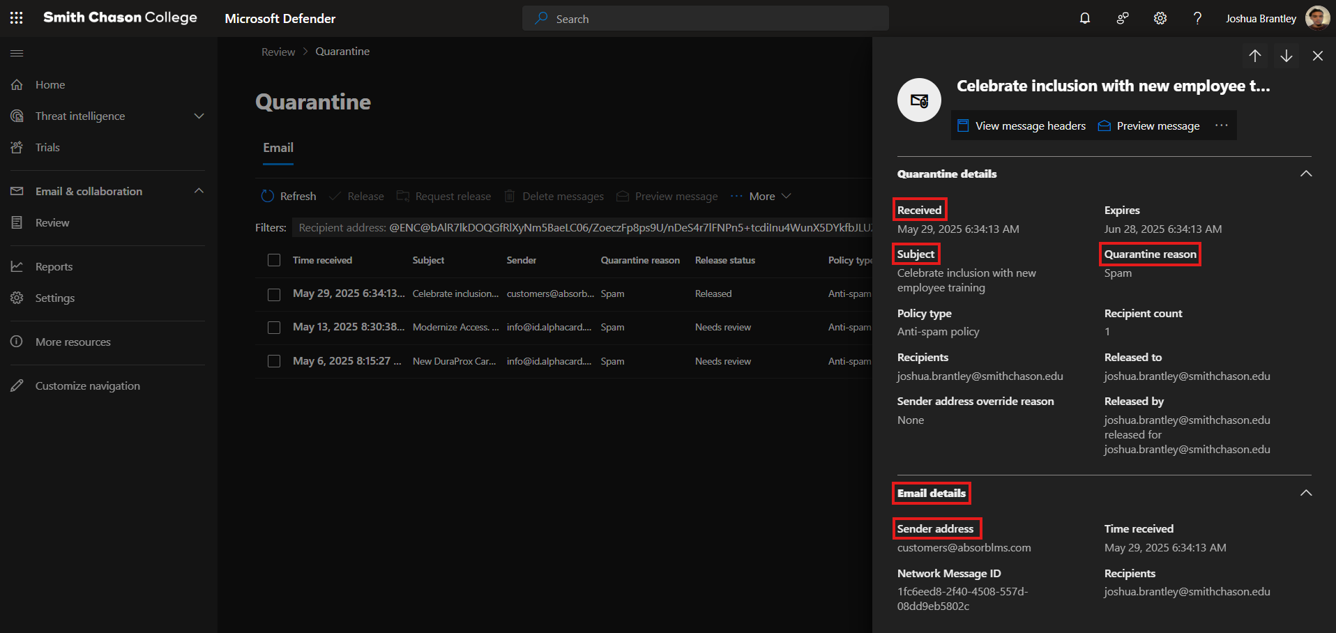 Microsoft Defender Quarantine Email Details